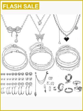 47 Piece Gold Jewelry Set - Necklaces Bracelets Earrings Rings
